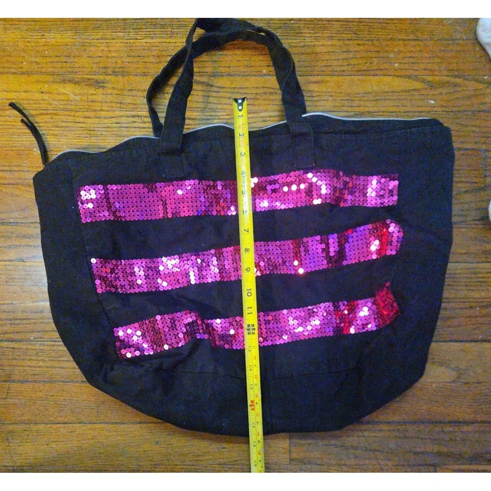 Victorias Secret Black Pink Sequin Stripe VS Logo Canvas Zipper Tote Bag Large